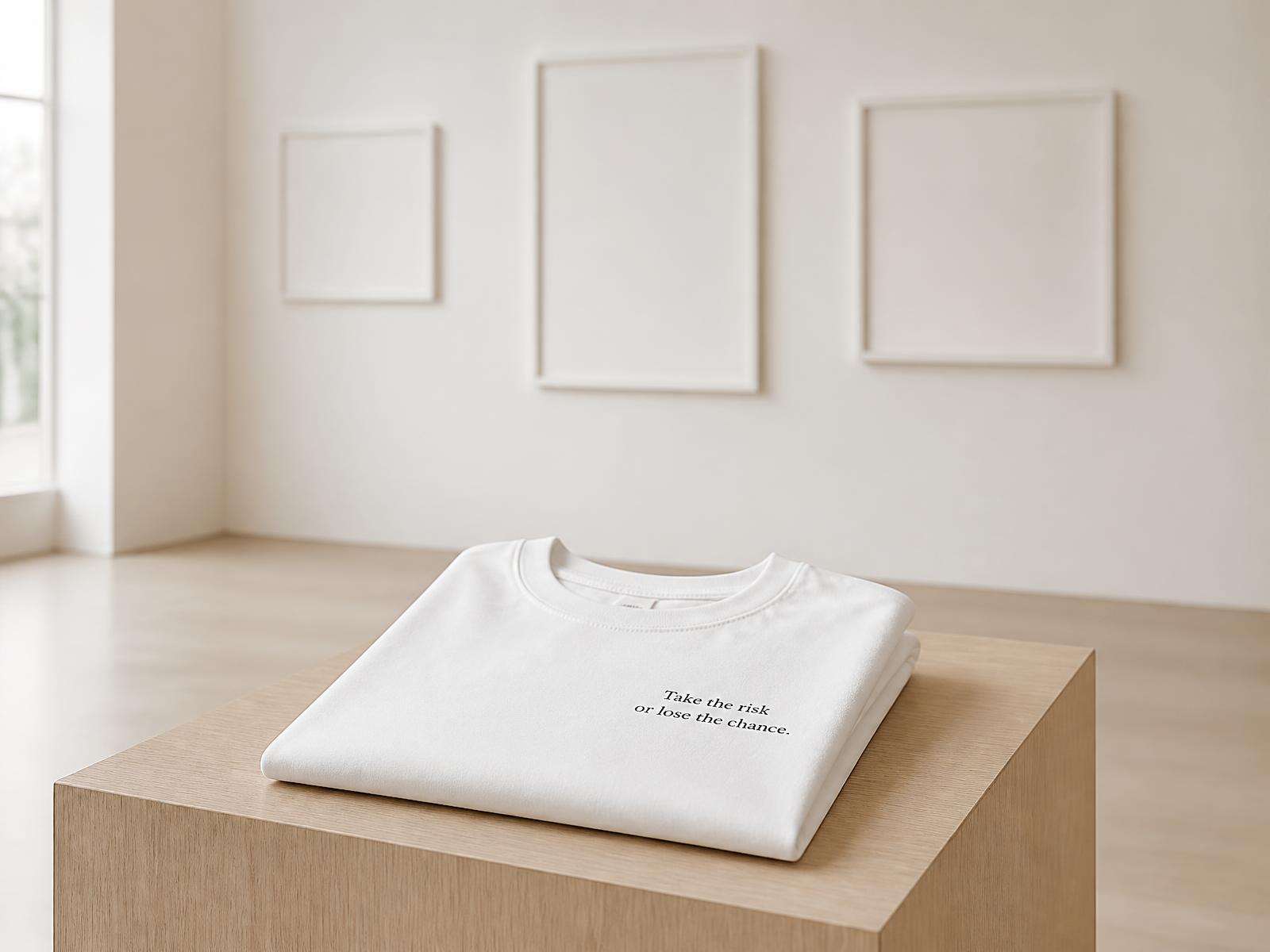 Folded white quote t-shirt on an oak plinth in front of empty white picture frames on a gallery wall